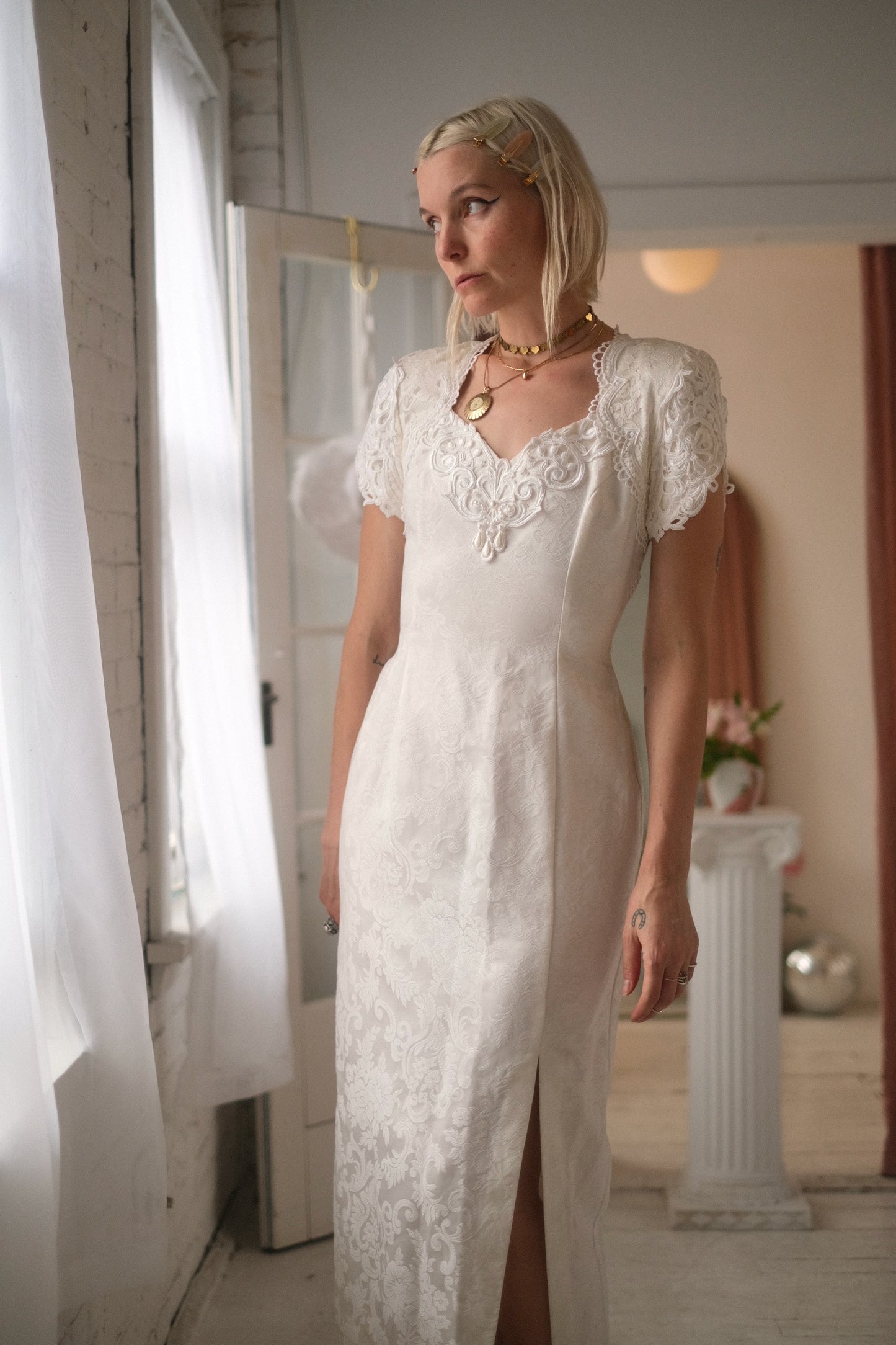 1980s Pearl Brocade Gown