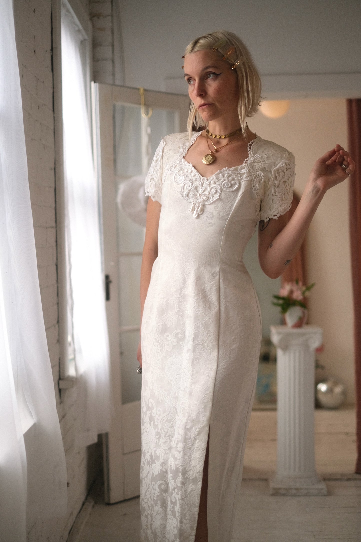 1980s Pearl Brocade Gown