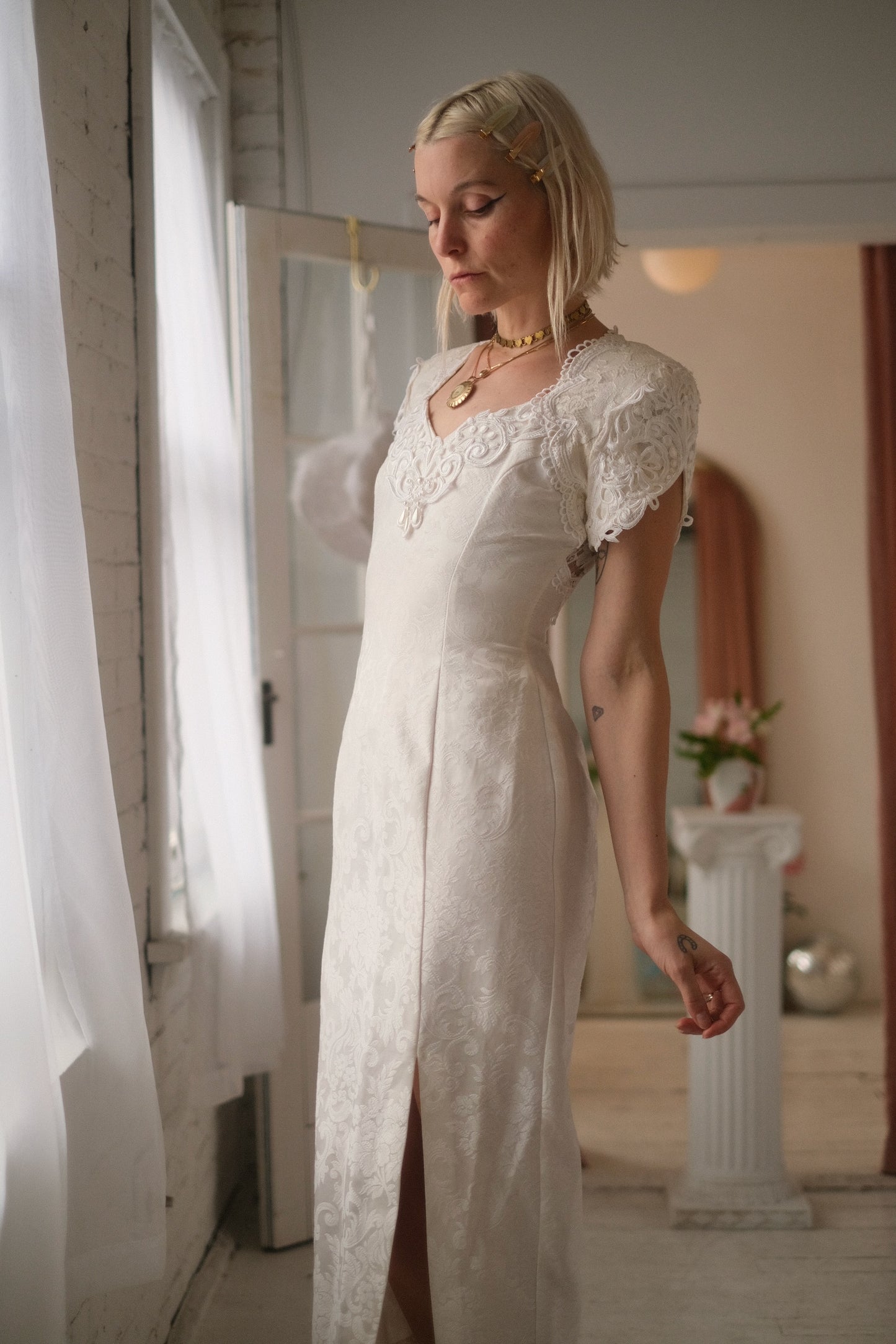 1980s Pearl Brocade Gown