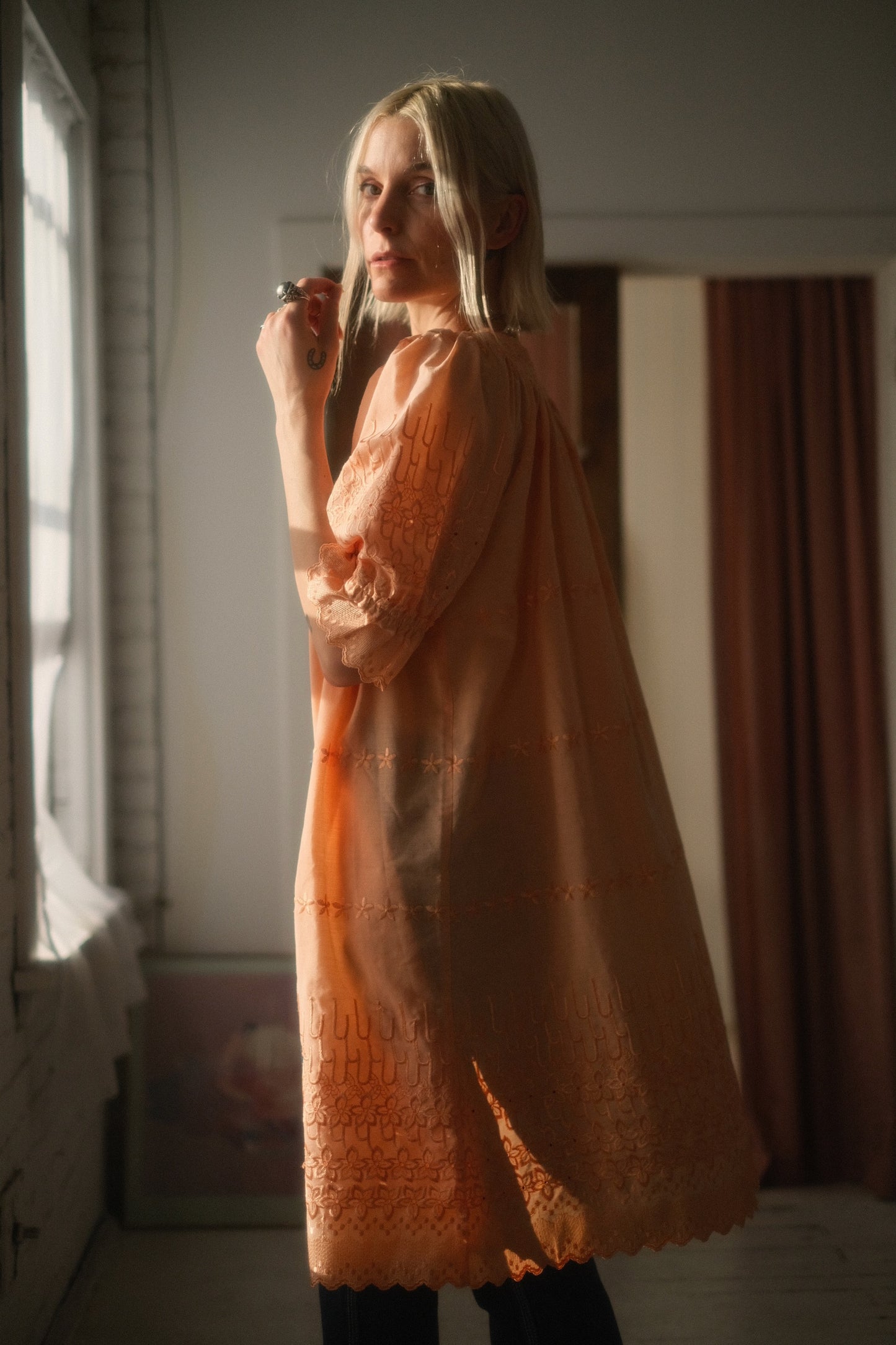 1970s Peach Puff Dress / Cardigan
