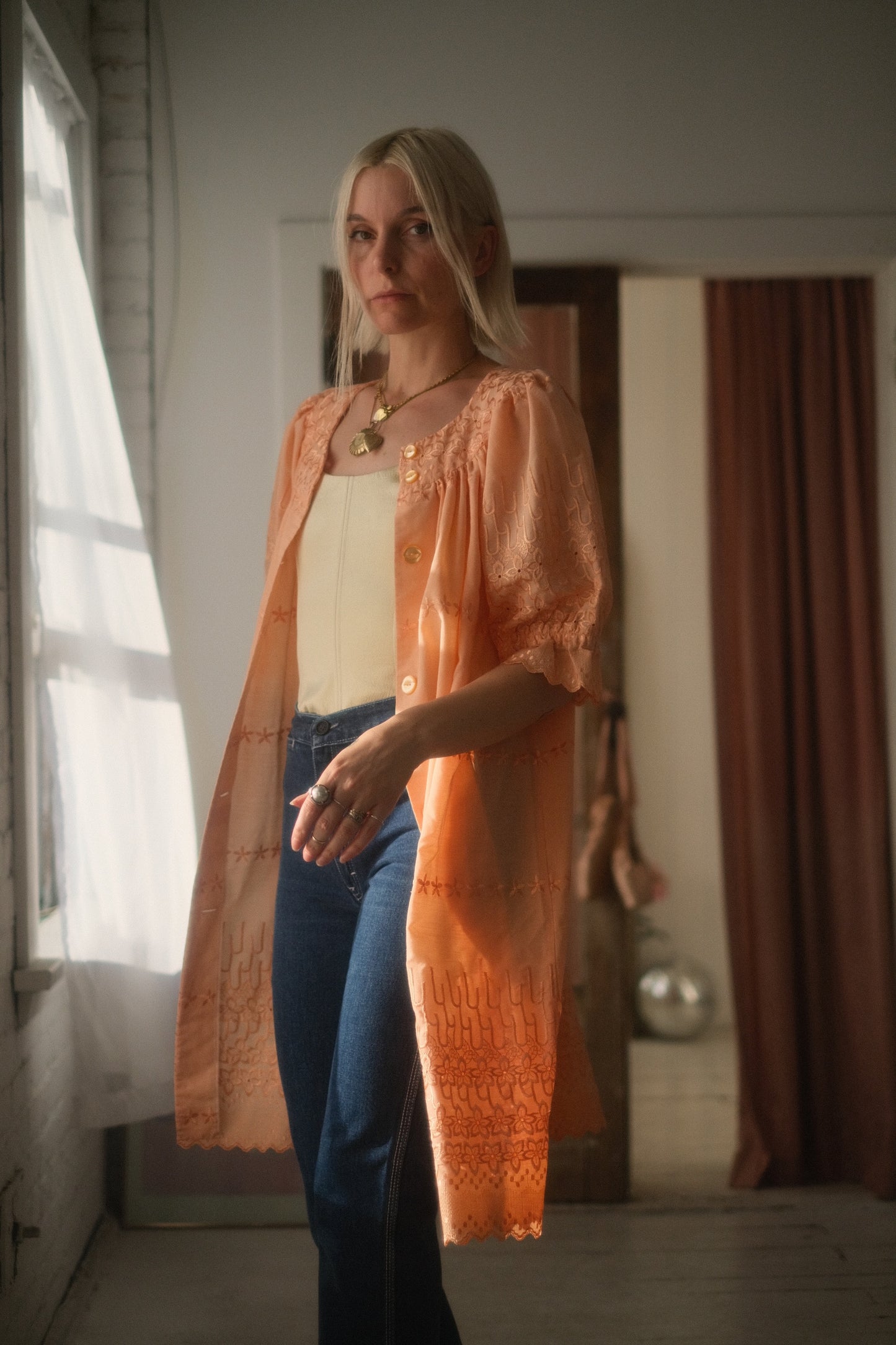 1970s Peach Puff Dress / Cardigan