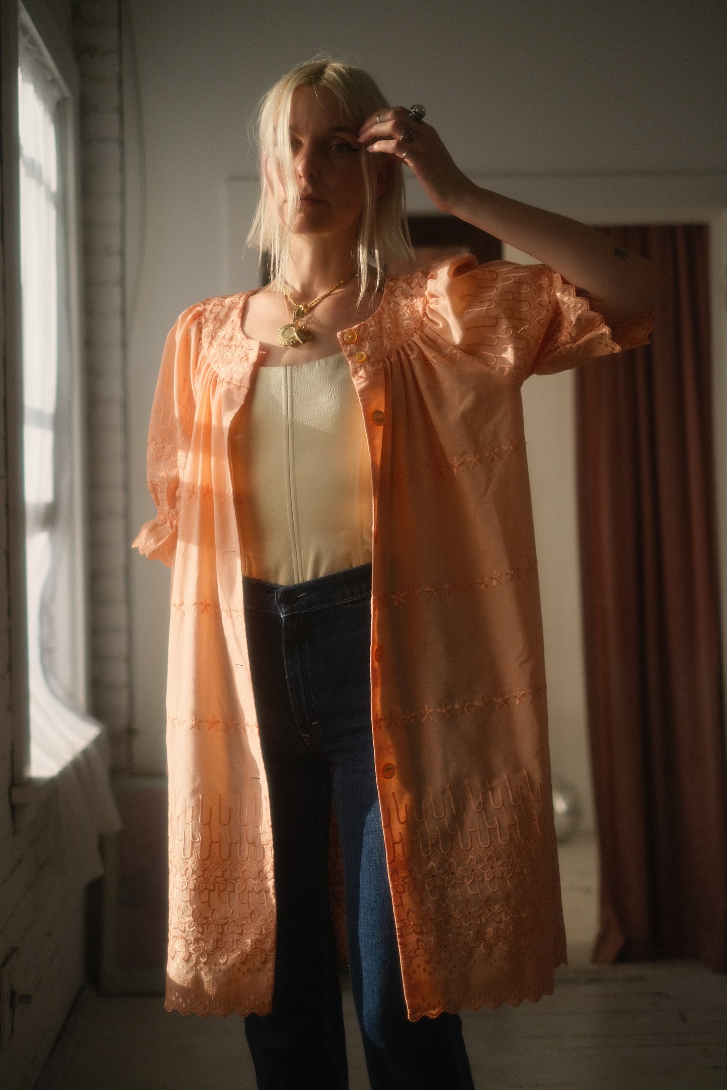 1970s Peach Puff Dress / Cardigan
