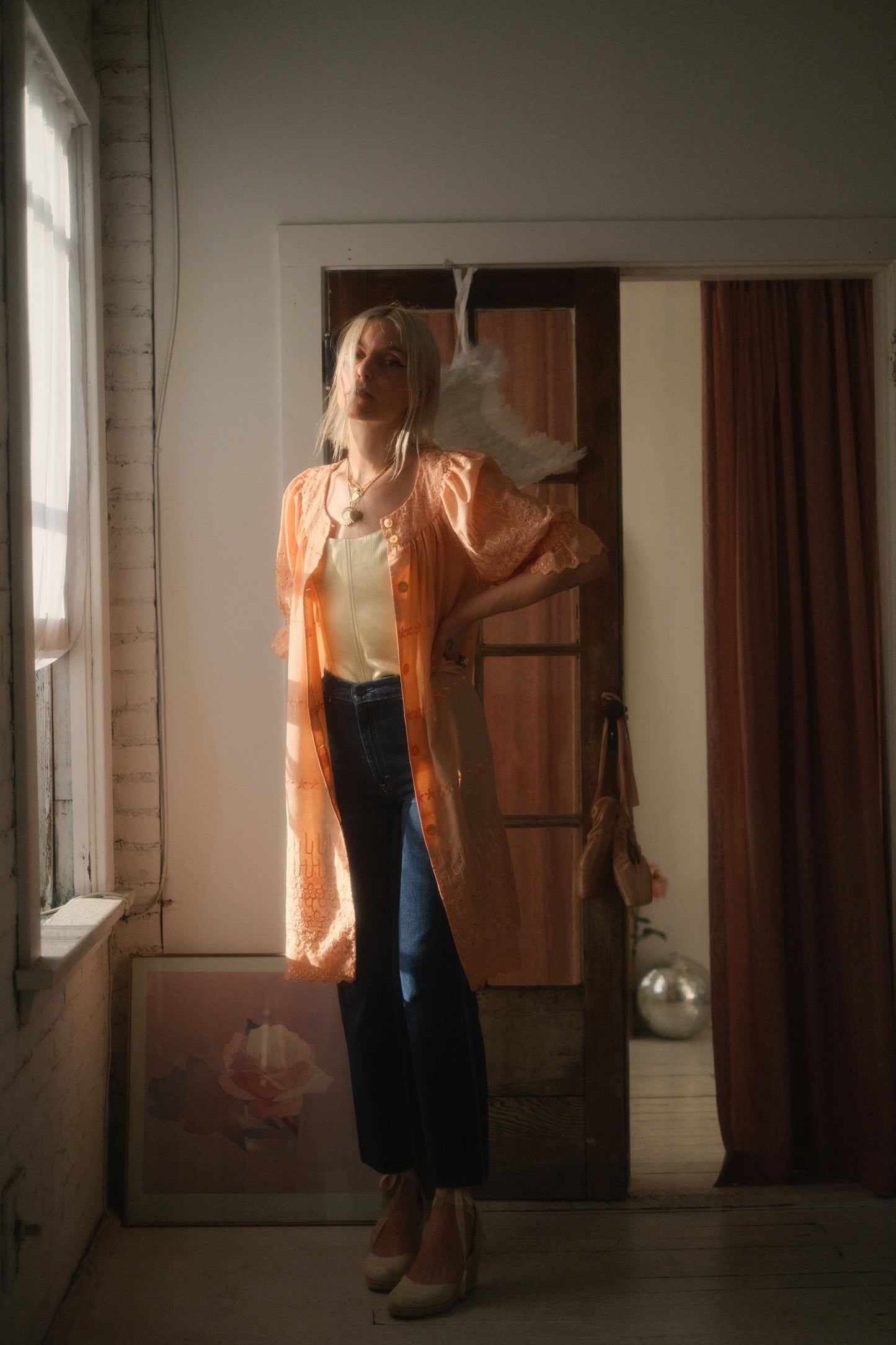 1970s Peach Puff Dress / Cardigan