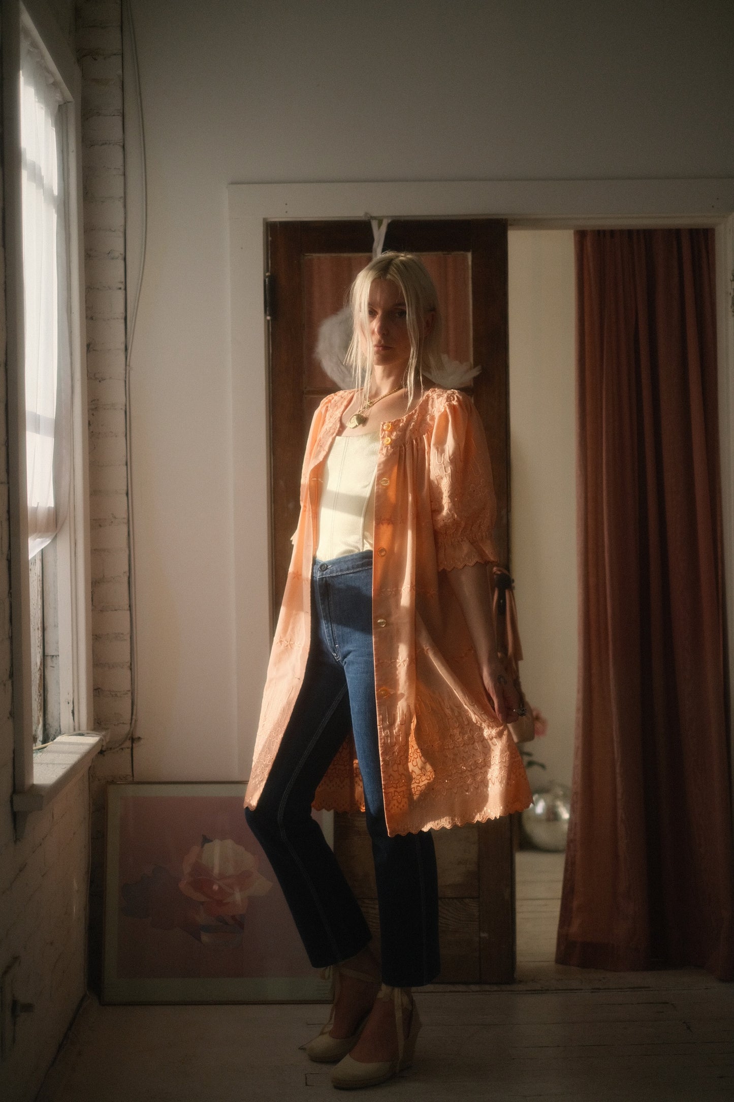 1970s Peach Puff Dress / Cardigan
