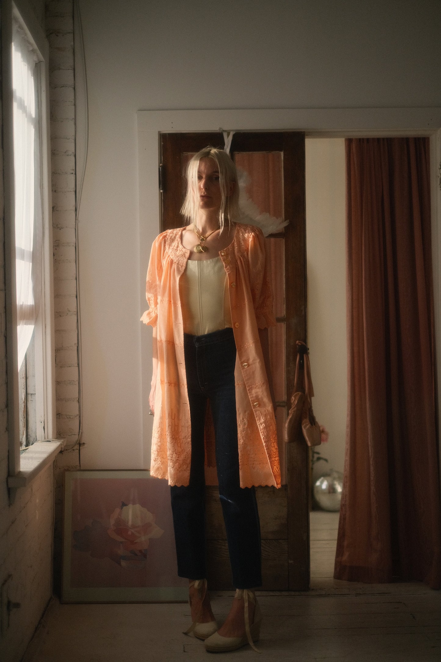 1970s Peach Puff Dress / Cardigan