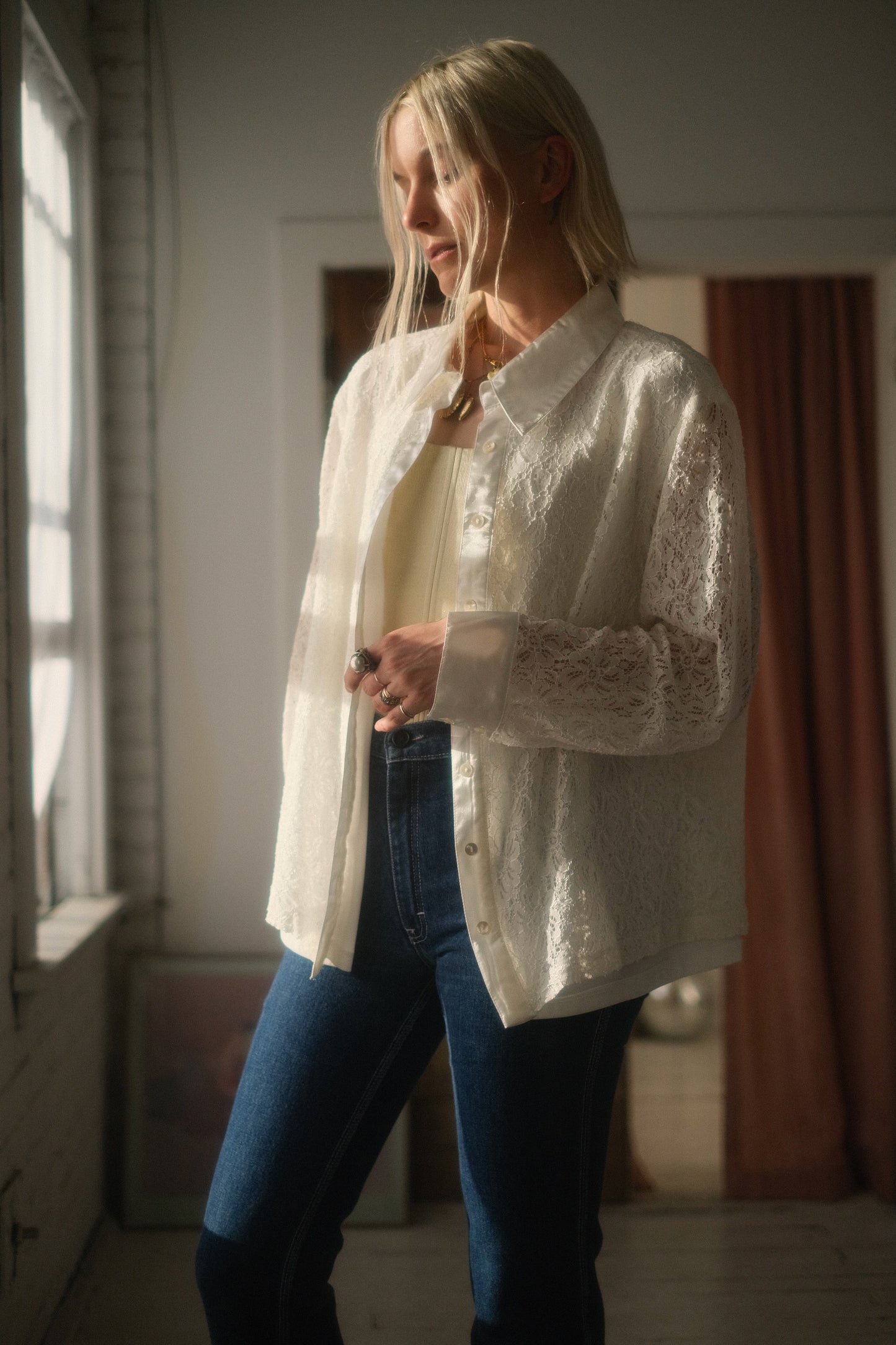 2000s Pearl Lace Button Up
