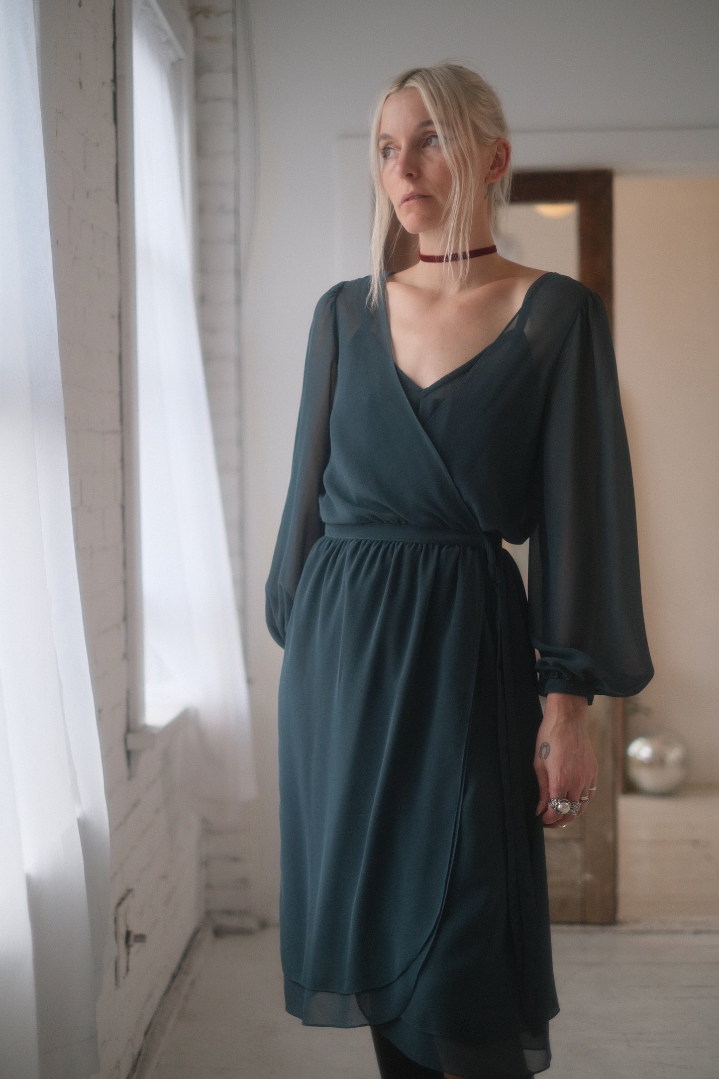 1980s Teal Wrap Dress