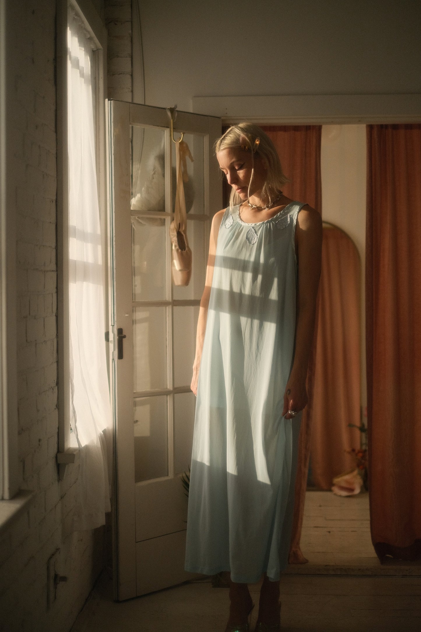 1970s Blue Daisy Lounge Gown