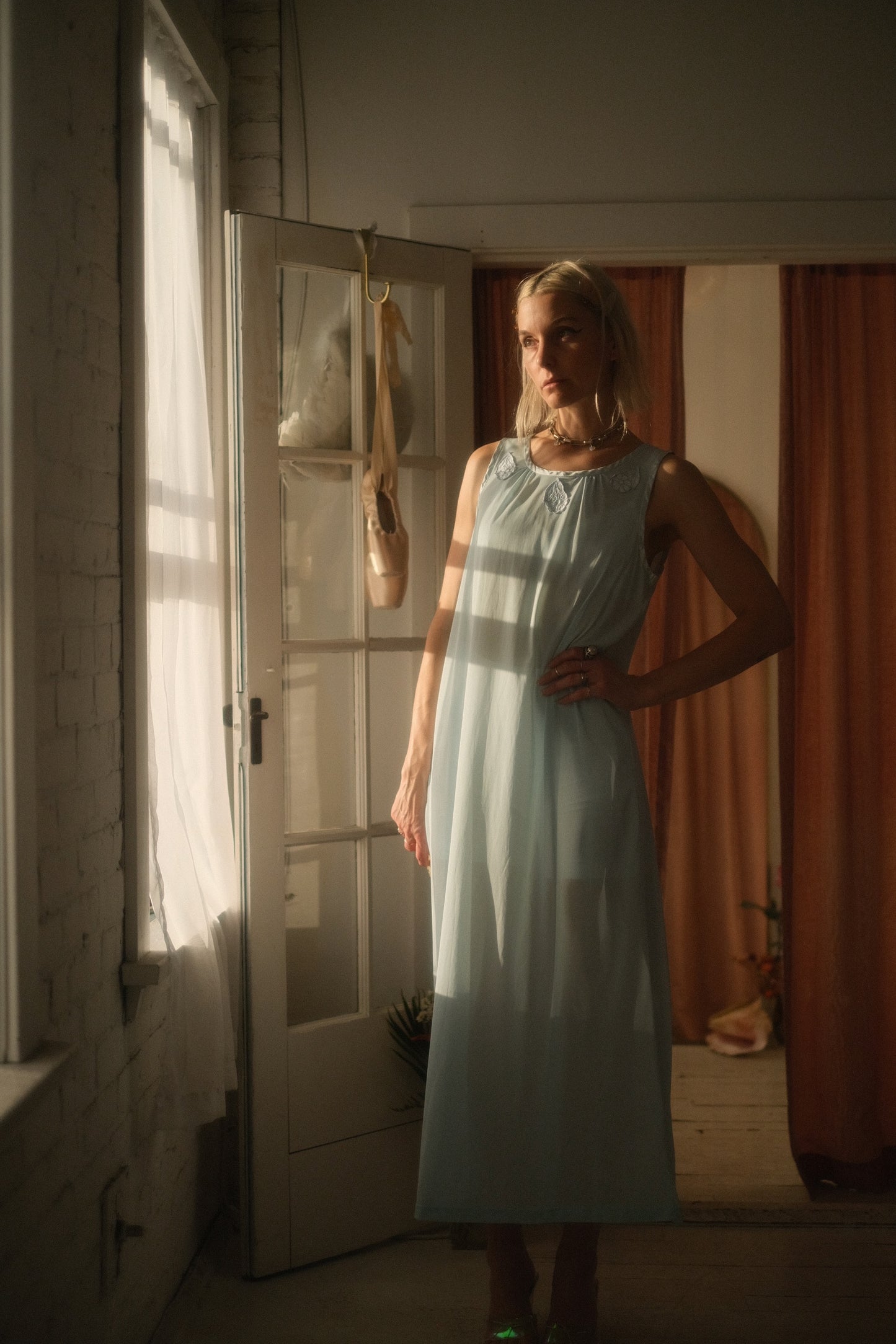 1970s Blue Daisy Lounge Gown