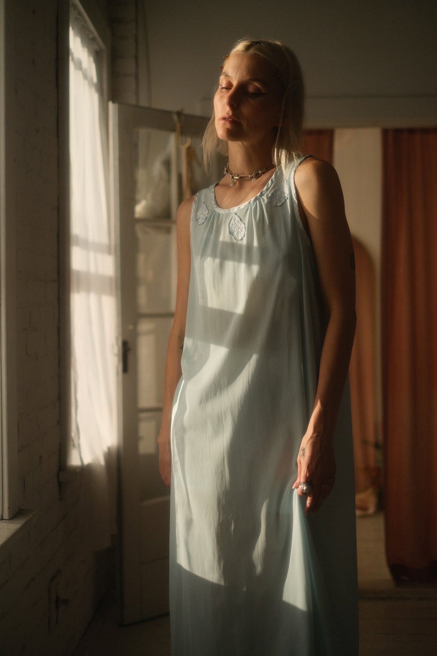 1970s Blue Daisy Lounge Gown