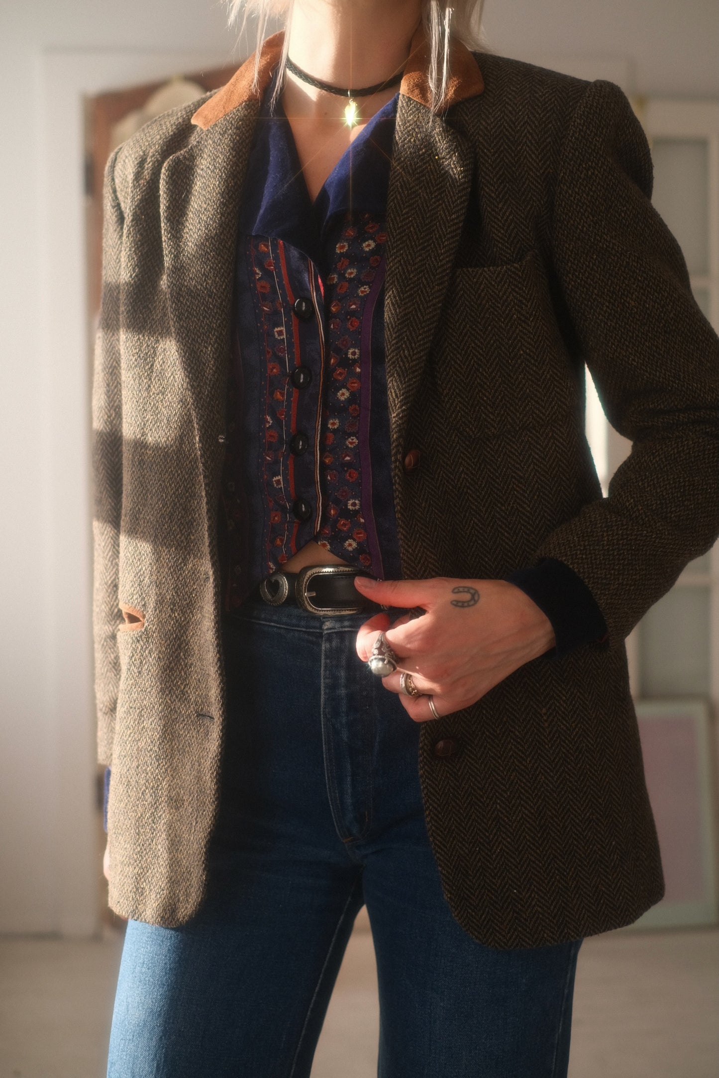 1990s Herringbone + Suede Blazer
