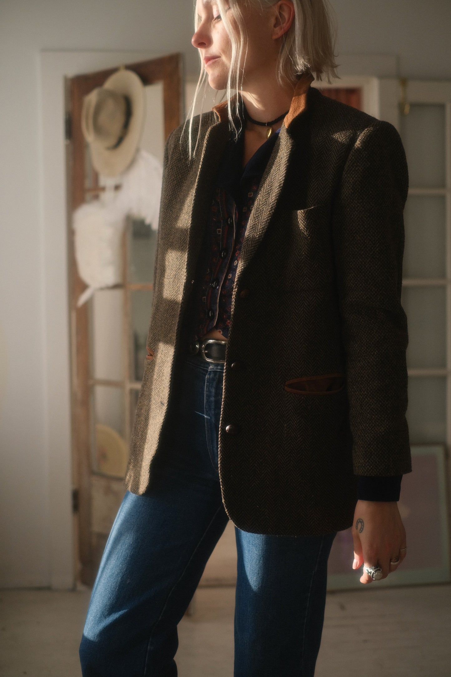1990s Herringbone + Suede Blazer