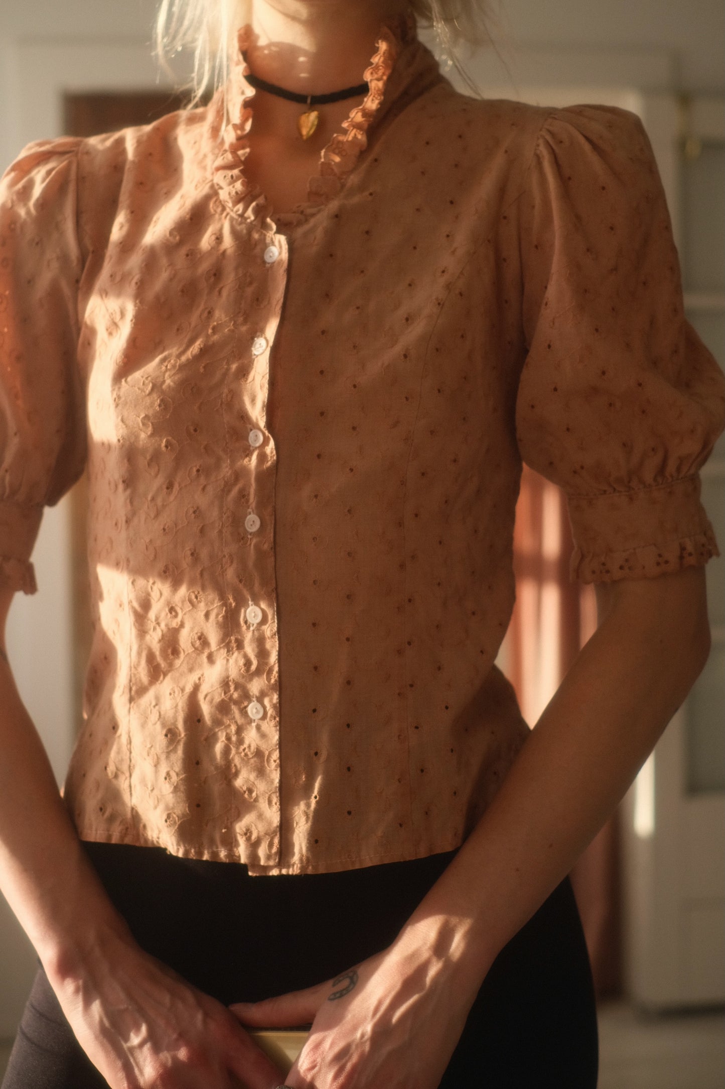 1980s Eyelet Puff Sleeve Blouse