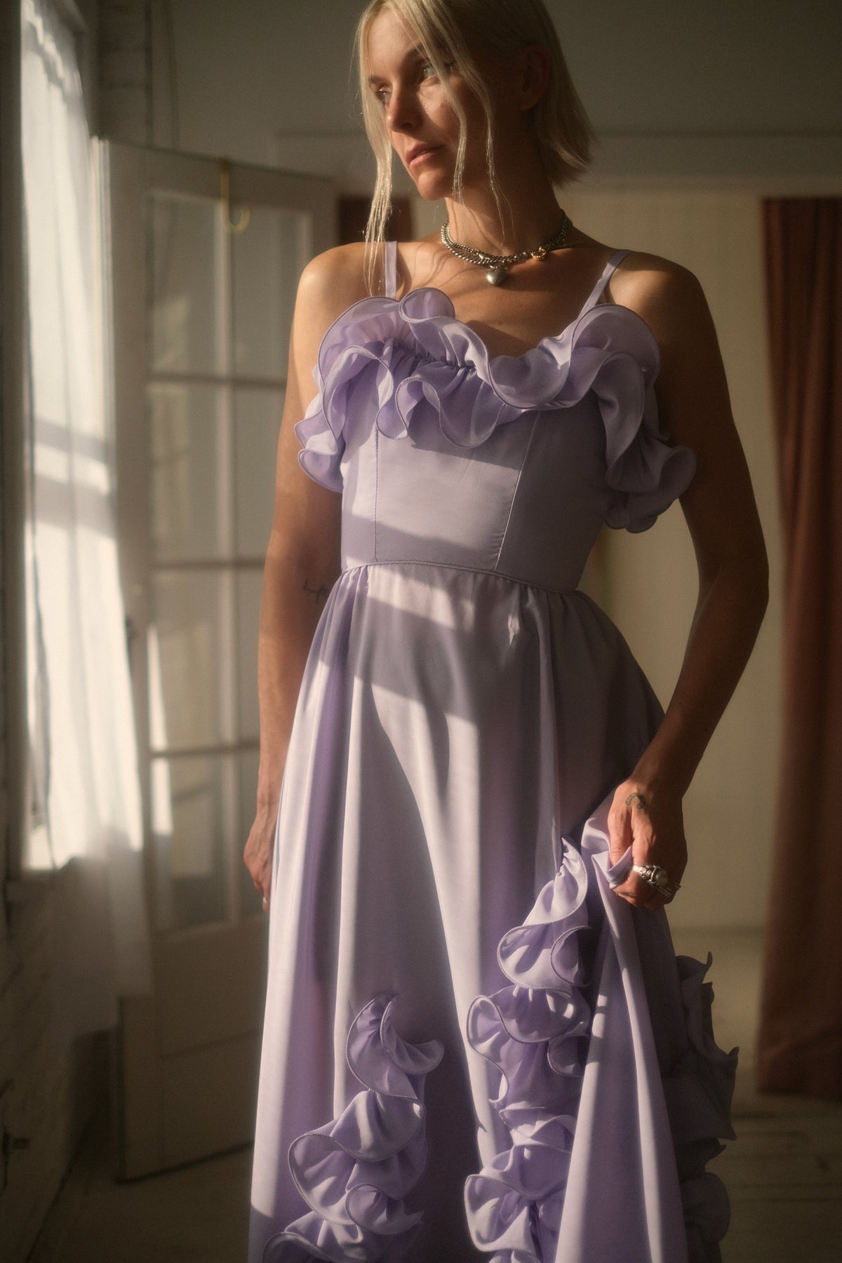 1980s Lilac Ruffle Gown