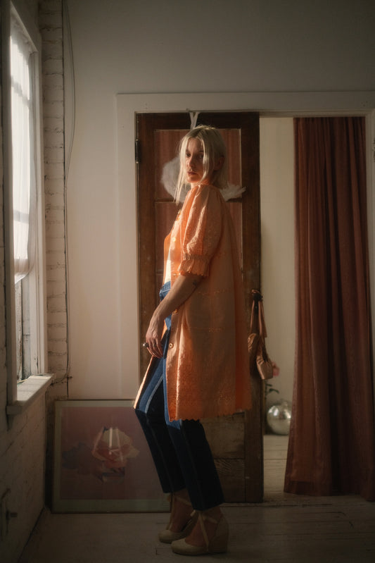 1970s Peach Puff Dress / Cardigan
