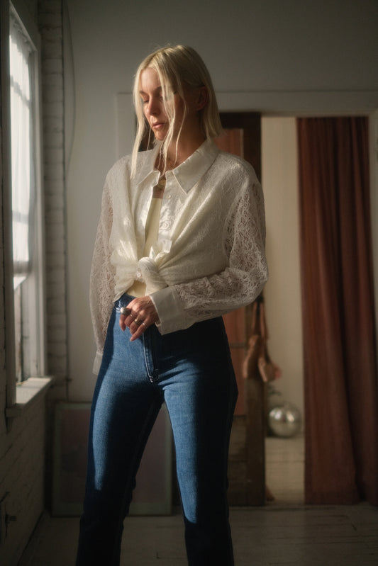 2000s Pearl Lace Button Up