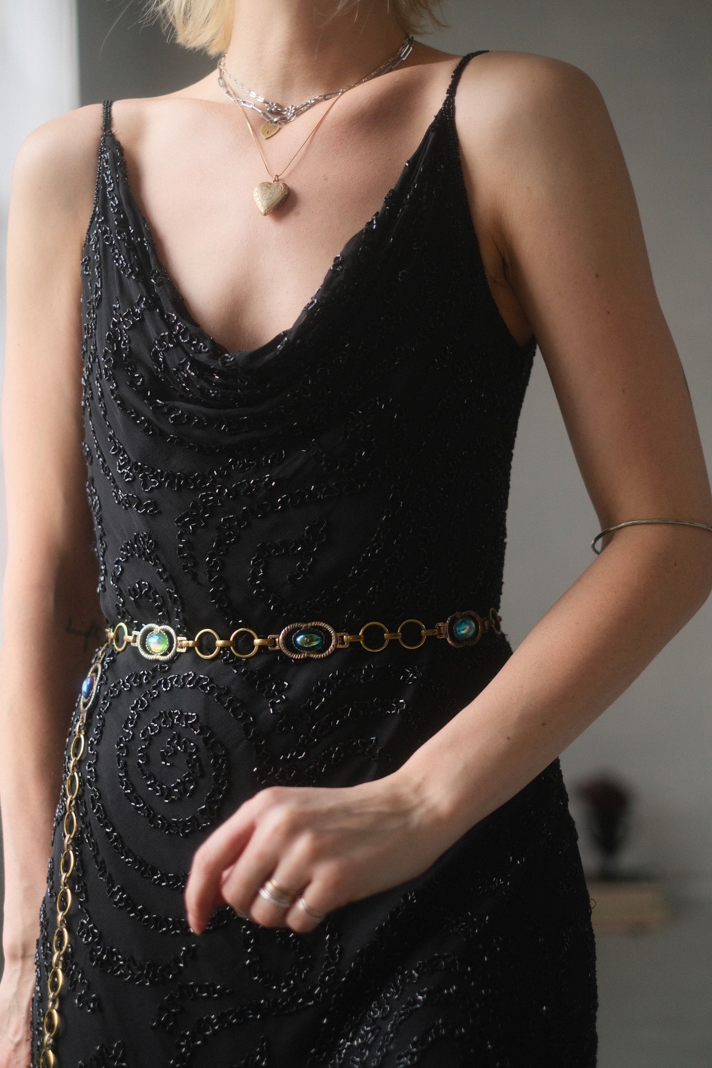 1980s Draped Silk Beaded Gown