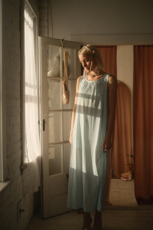 1970s Blue Daisy Lounge Gown