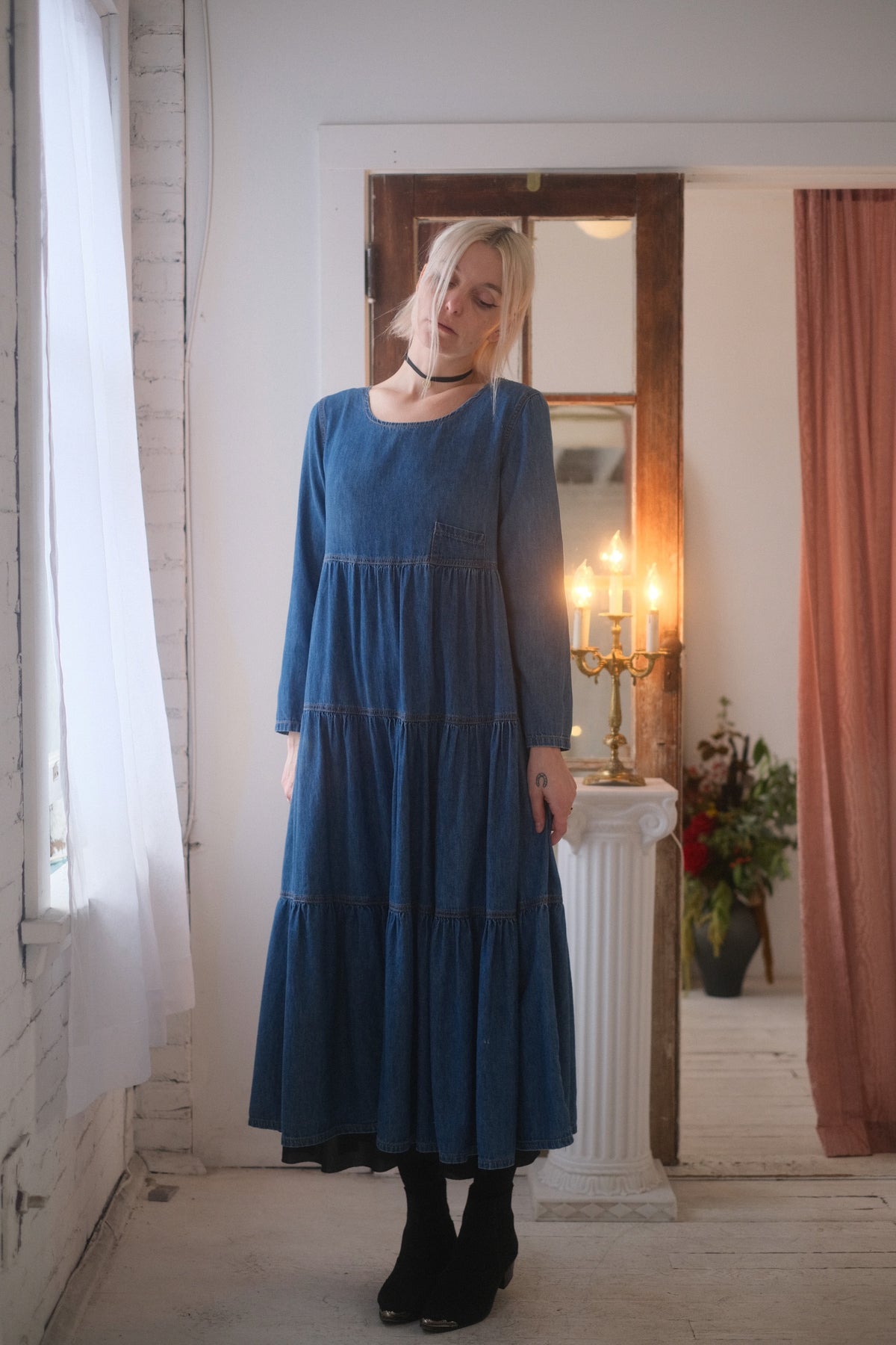 1990s Tiered Denim Dress