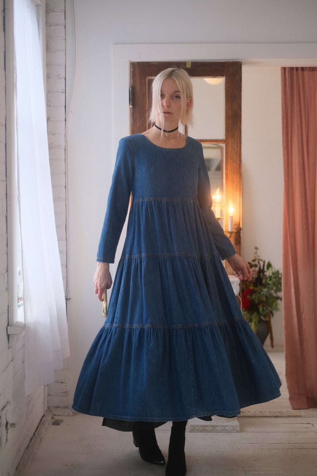 1990s Tiered Denim Dress