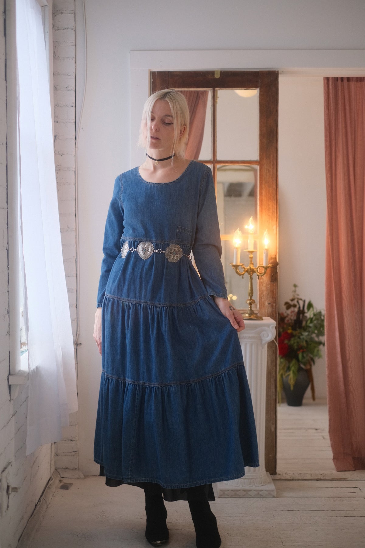 1990s Tiered Denim Dress