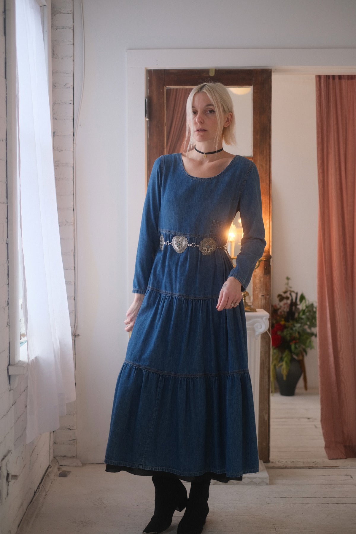 1990s Tiered Denim Dress