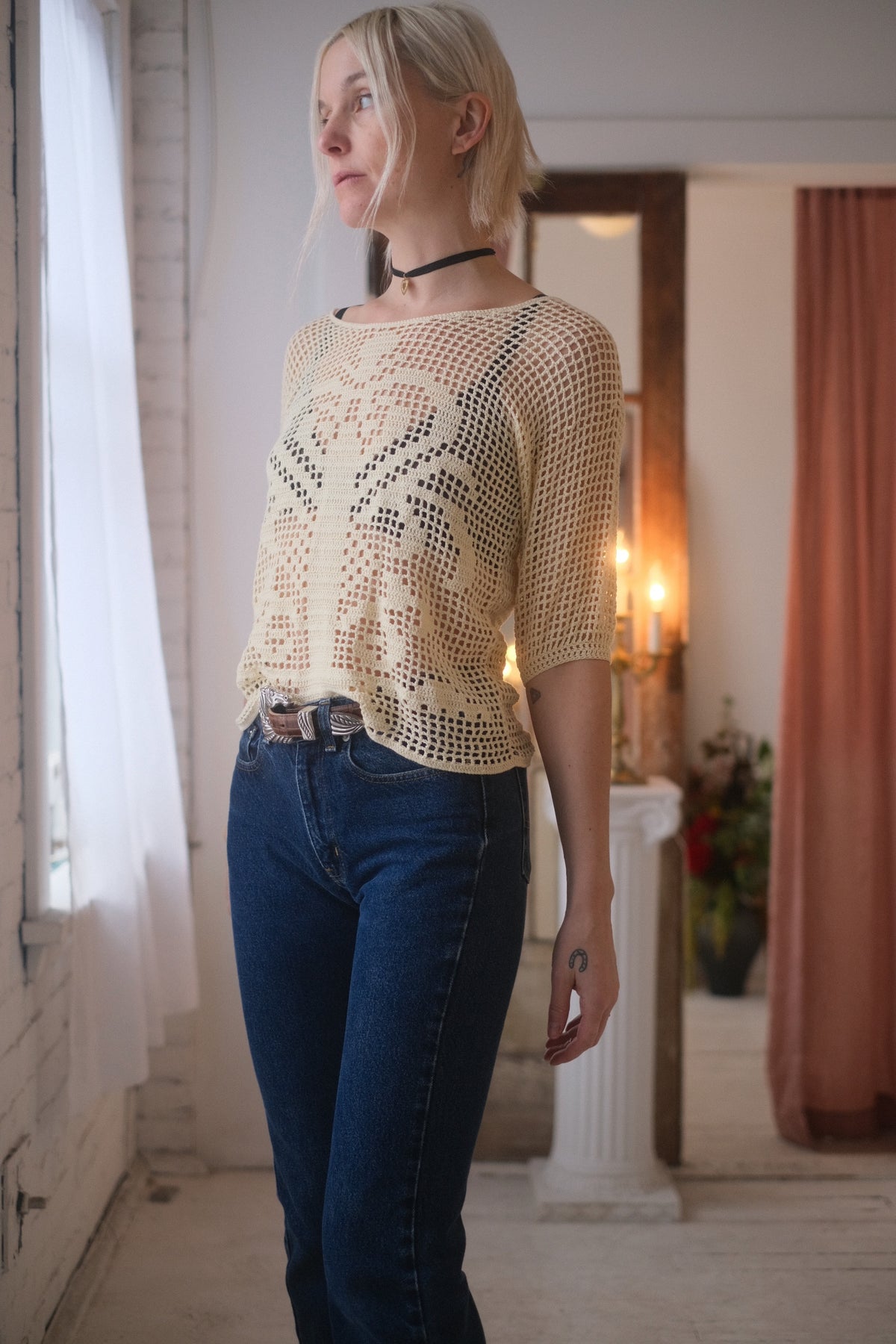 Crochet Creme Tee