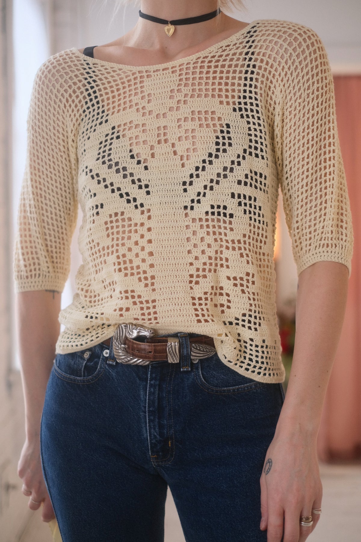 Crochet Creme Tee