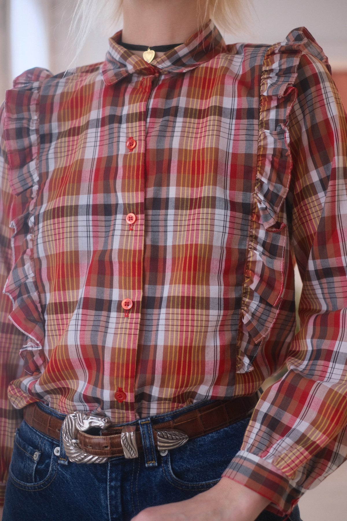 1970s Plaid Ruffle Blouse