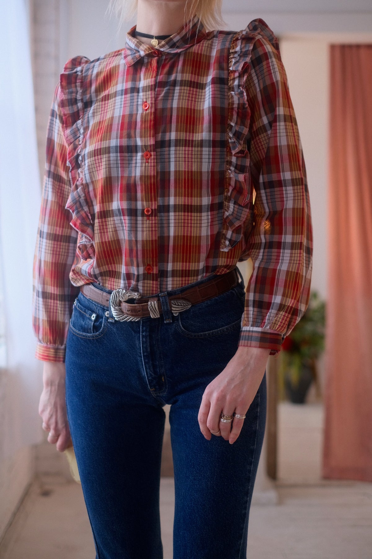 1970s Plaid Ruffle Blouse