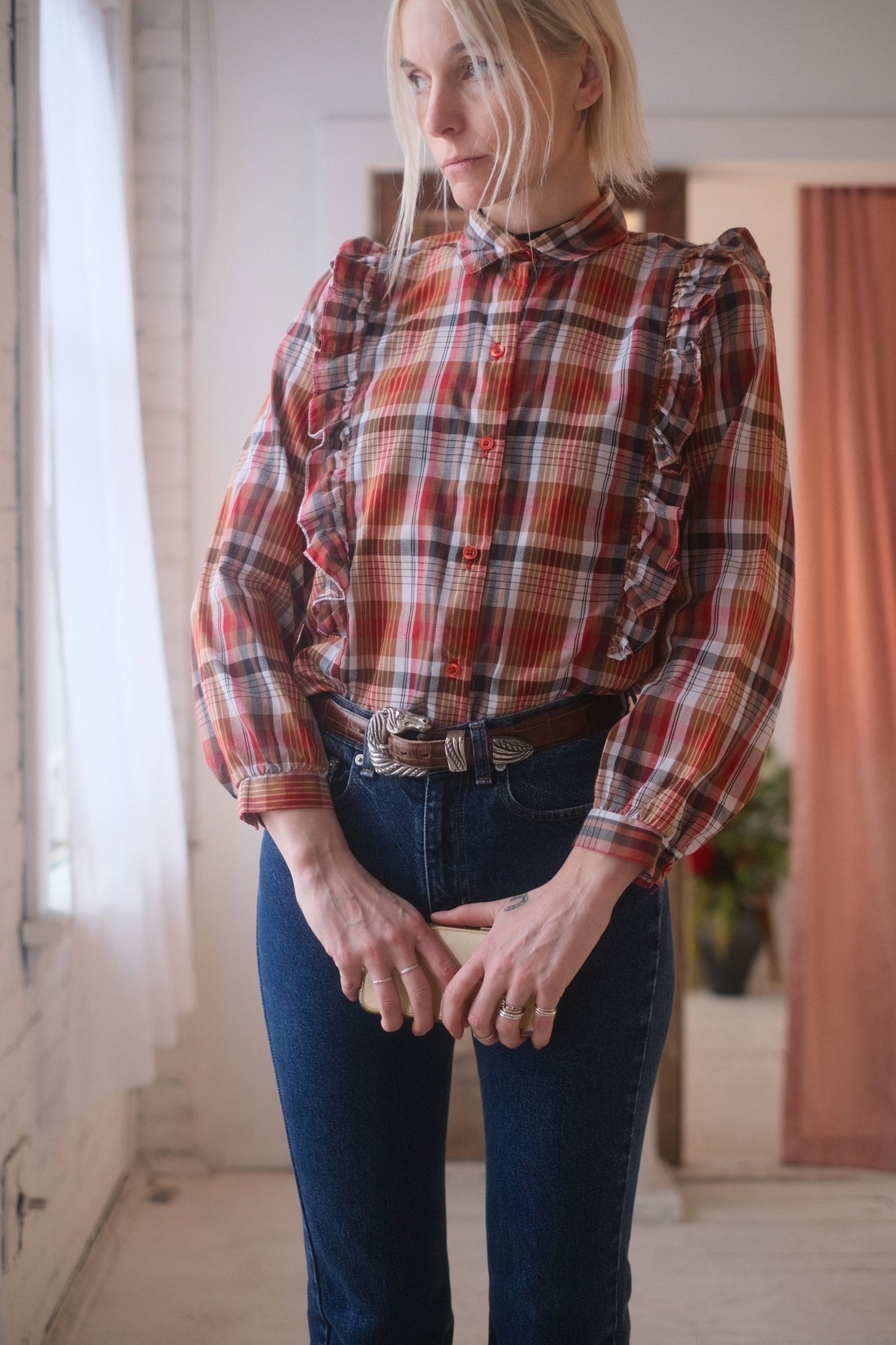 1970s Plaid Ruffle Blouse