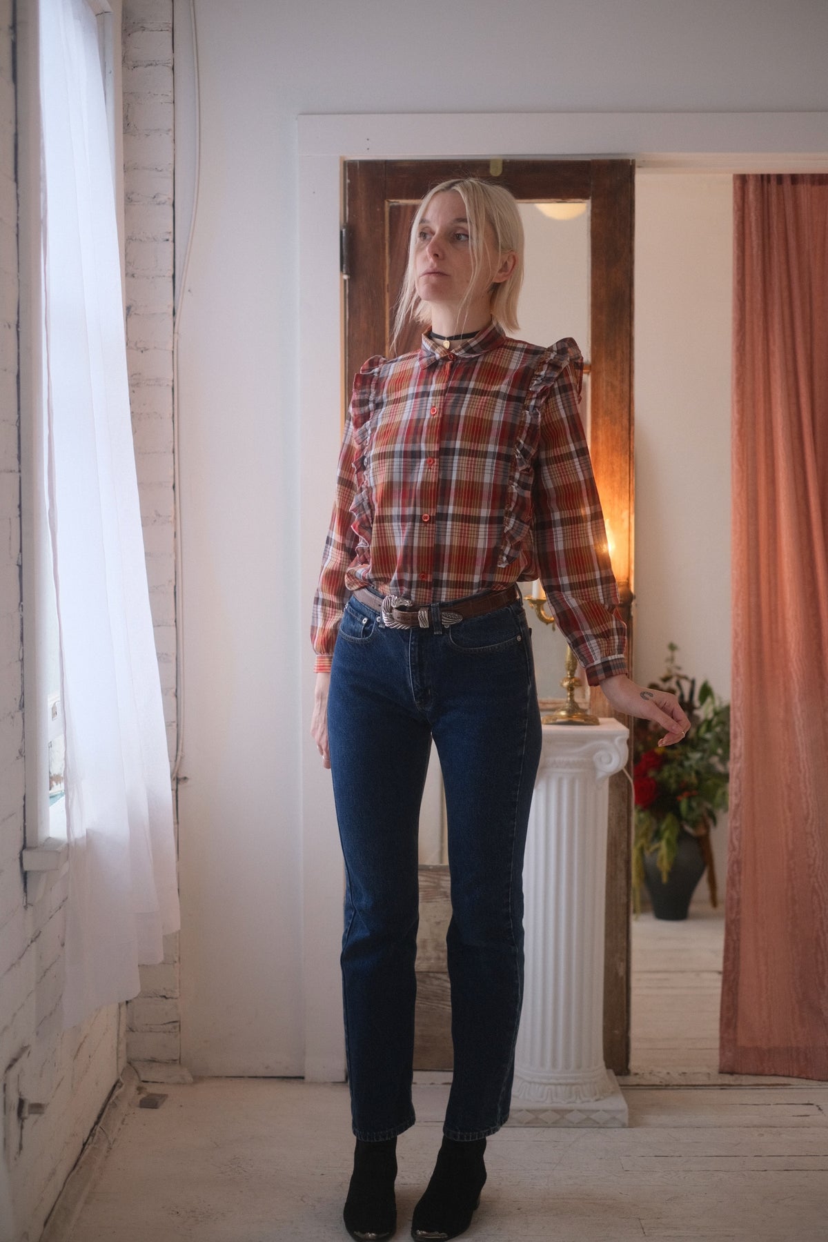 1970s Plaid Ruffle Blouse